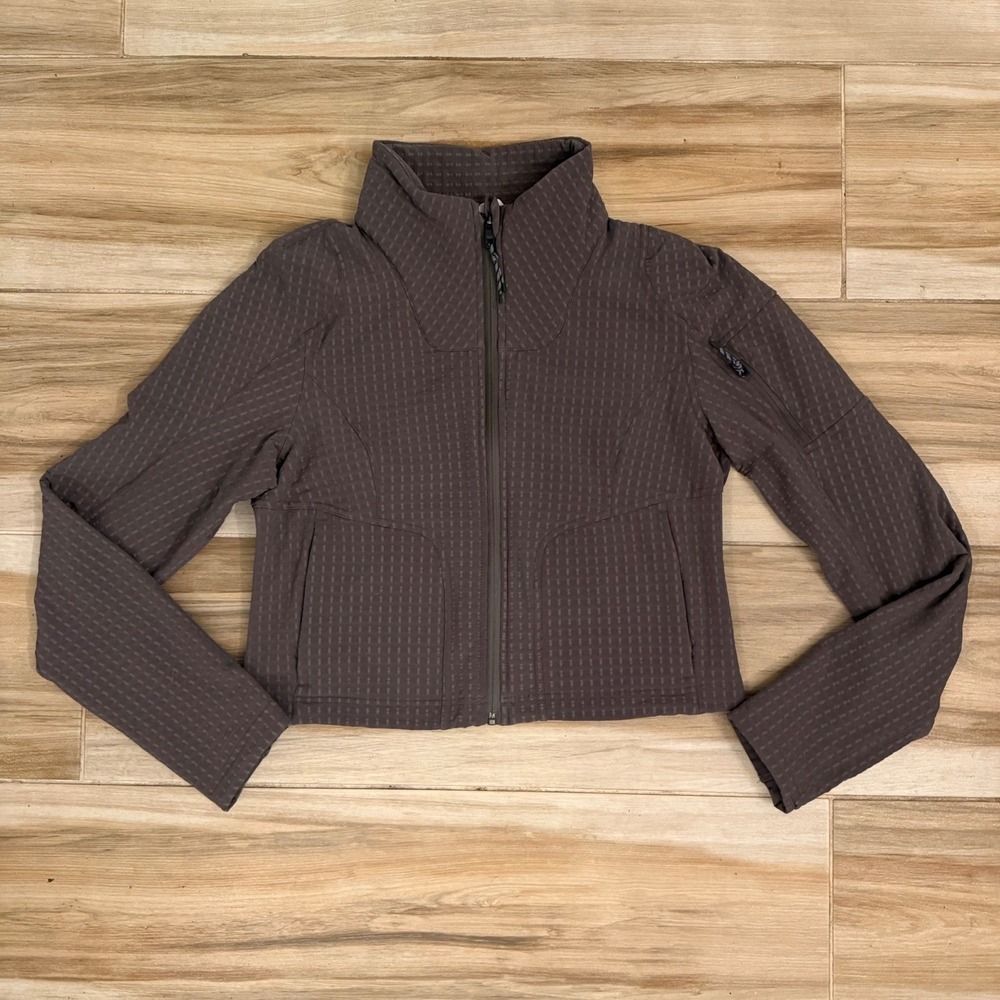 Lululemon Water Repellent Grid Fleece Hiking Jacket Green Brown Crop 10